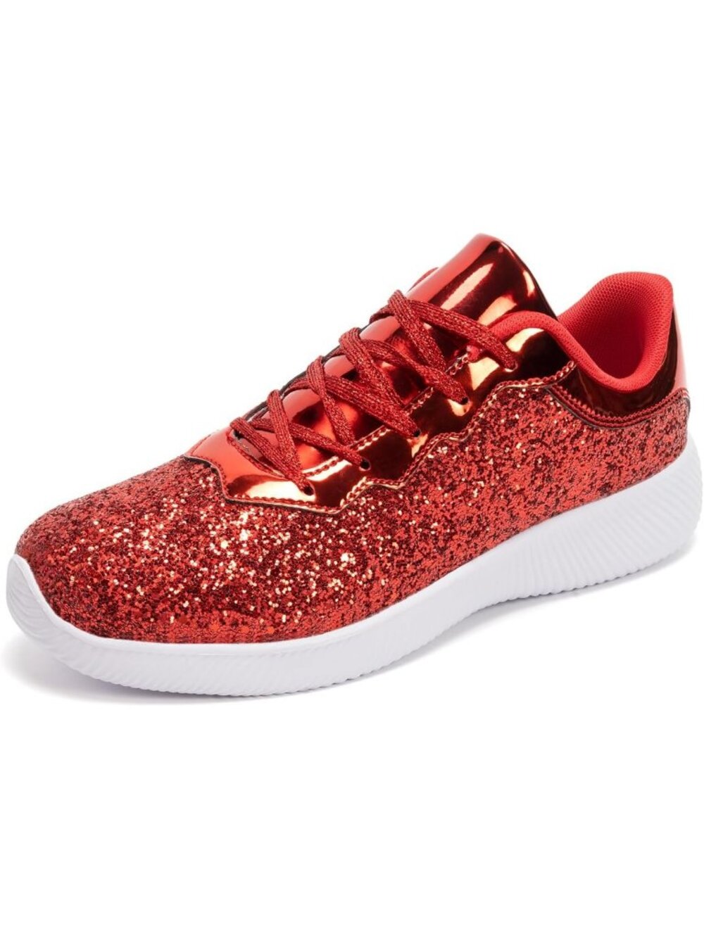 Women's Red Rubber Lightweight Glitter Metallic Sequin Walking Sneakers Shoes